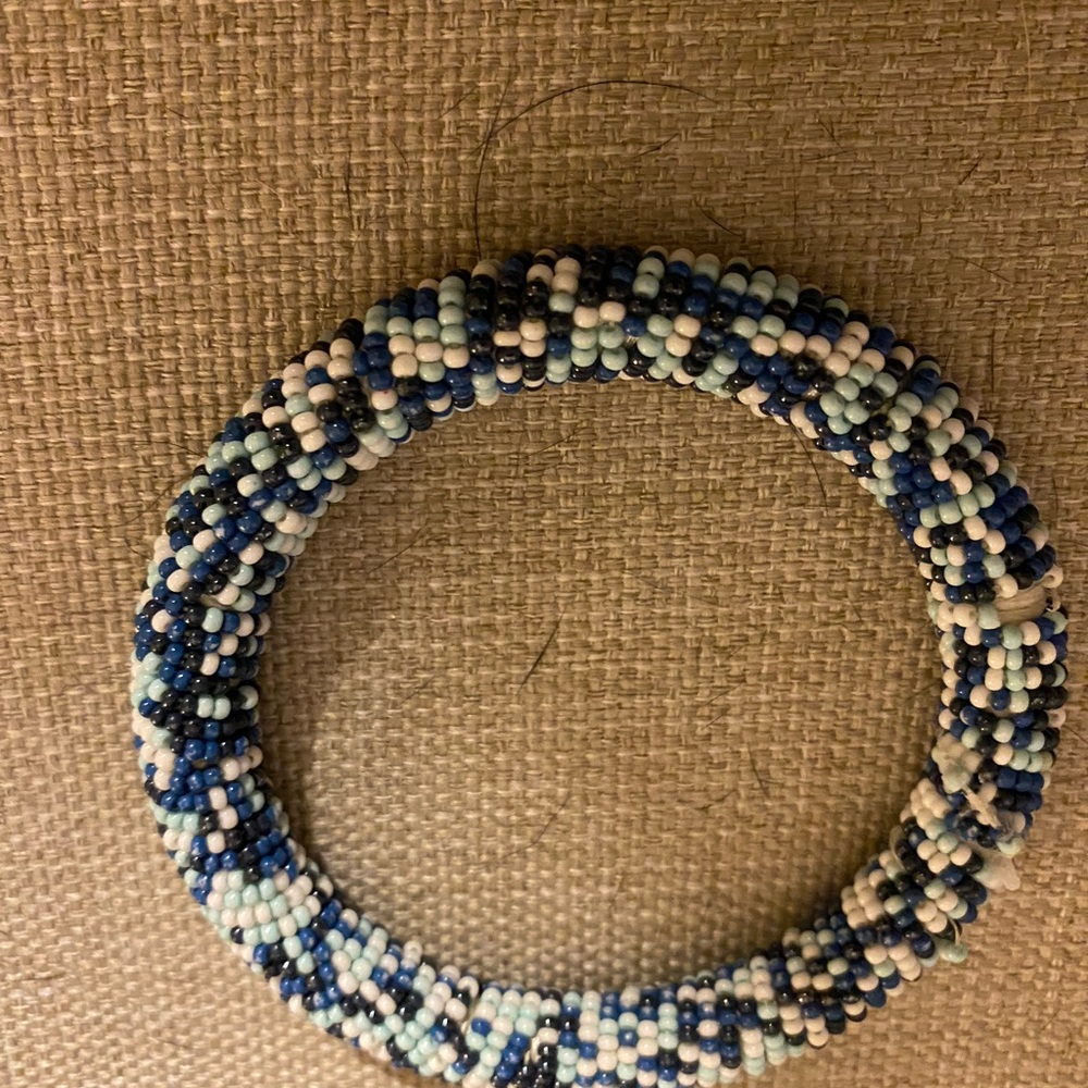 Blue and white ink and alloy beaded bracelets